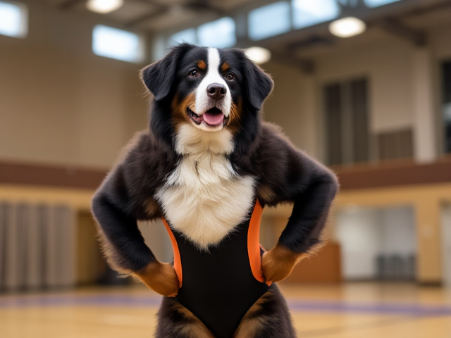Bernese mountain dog with strong hips, wearing a gymnastics leotard, inside a gymnasium, dynamic pose, vibrant lighting, detailed fur