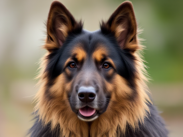 A anthropomorphic long haired German shepherd puffy cheeks from holding breath