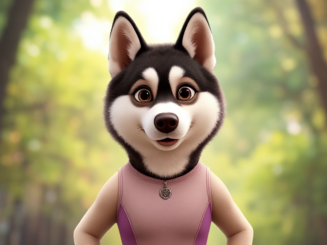 A Alaskan malamute wearing a gymnastics leotard