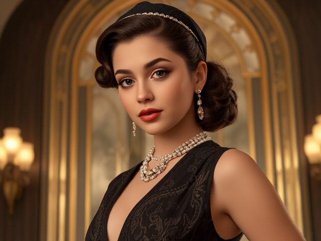 Ariana Grande styled in 1930s fashion, wearing vintage clothing, set against an Art Deco background, with soft lighting