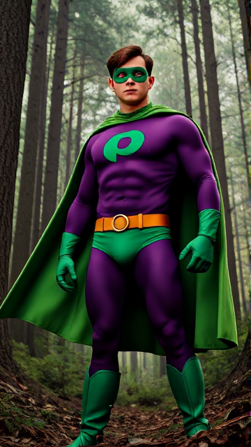 Dramatic Comic Book scene: A young, Autistic 25-year old boy with light skin and flat, smooth, and slick brown hair with a singular curled bang in the shape of a P sticking out at the front named T.J. Granger, but transformed into a genetically-altered superhero named Powerman, who, despite still being a young adult kid, has an extremely muscular body. He wears a sleek purple bodysuit with a green P symbol on his chest, a golden belt with a circular buckle, green briefs, green boots, green long-cuffed gloves, a really big, toe-length long, ultra-wide green cape wreathed around his neck, and a green eye mask that protects his true identity and also causes his pupils to magically disappear as his eyes glow an eerie white. He also has incredible and invincible superpowers flowing through his veins. In this scene, Powerman is currently standing in the forest, ready for action as he waits intently for his Super Hearing to pick up a distant sound.