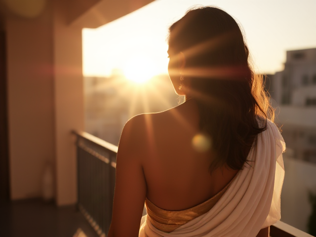 Skinny Indian woman with brown hair, white saree, and gold bangels, back facing the angle on a balcony, face not visible