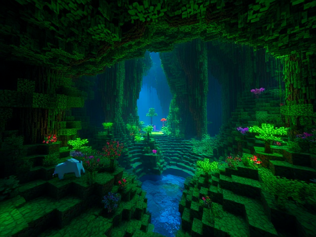 Minecraft Lush Cave Biome with Axolotyls and glowing vines