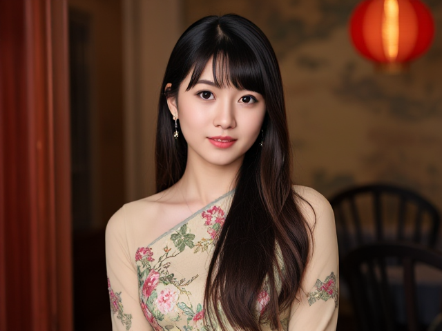 I need a Chinese girl that she is pretty in 23 age with long hair and bangs also in beautiful dress