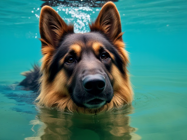 A Long haired German shepherd wearing freediving goggles pops her head above the water to take a breath