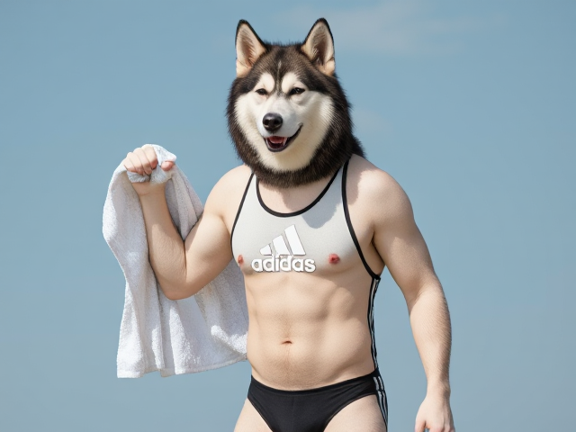 A tall anthropomorphic Siberian husky wearing an adidas swimsuit drying off with a towel