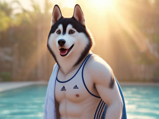 A tall anthropomorphic Siberian husky wearing a adidas swimsuit drying off with a towel 27826409