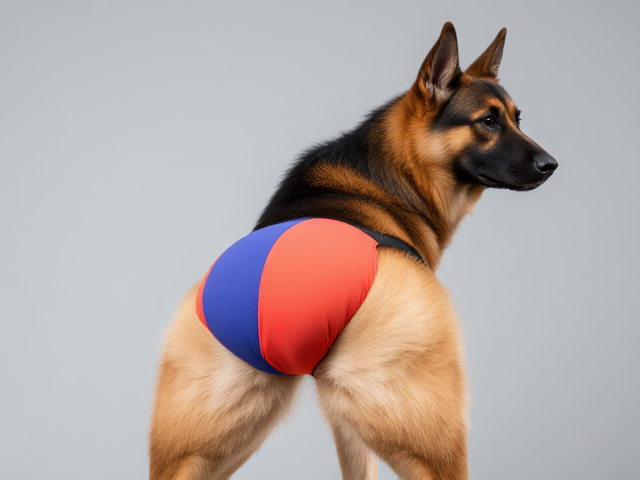 German shepherd with strong hips wearing a colorful gymnastics leotard, in an athletic pose, detailed fur texture, vivid colors