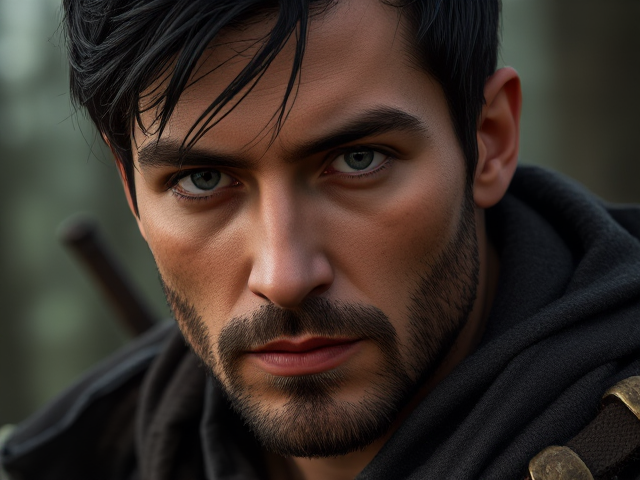 Generate an image/portrait of a medieval hunter.  He is a human, 25 years old, has black, bit greasy slicked back hair and grey eyes. Slightly oval face and unkept facial hair