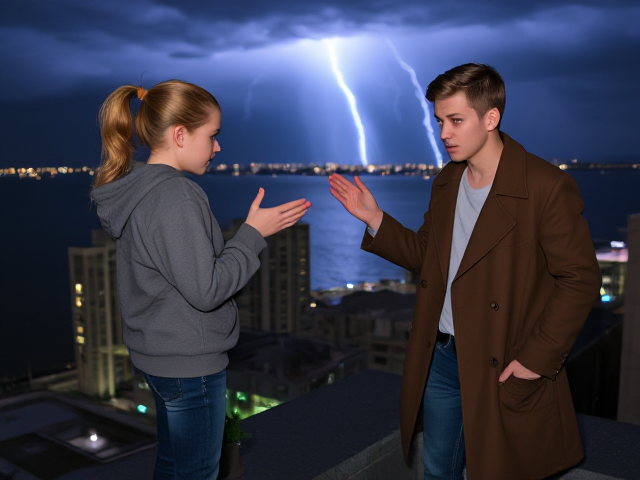 A petite 13-year-old girl with strawberry blonde hair in a ponytail, wearing a hooded pullover and jeans, is standing on the roof ledge of a night club. Next to her on the roof, standing nearby is a modern-day, pale skinned vampire in his late twenties, with blonde hair, dressed in a brown trench coat and jeans. He appears uneasy as he looks at her, holding his hands out and taking a step back. The girl gestures angrily at him, flailing her arms and scowling at him in frustration. A thunderstorm approaches the cityscape from the sea shore. Set at night.