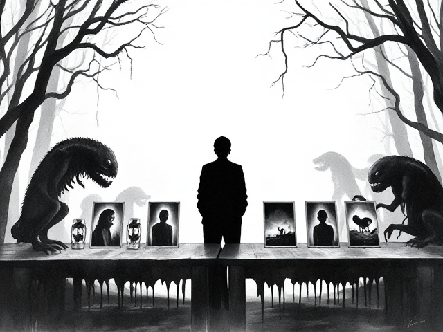 CREATE A PHOTO LINEUP WHERE THERE ARE ICONS FOR 8 PHOTOS LAID ON A TABLE AND THERE IS A silhouette OF A PERSON LOOKING AT THEM