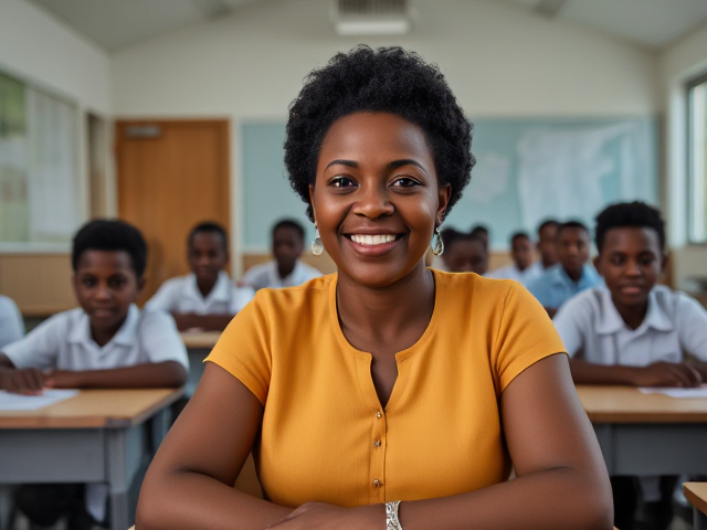 Un institutrice africaine debout  dans une salle de classe moderne et lumineuse  avec des élèves noirs âgés de huit ans  assis à leurs bureaux, souriant et attentifs