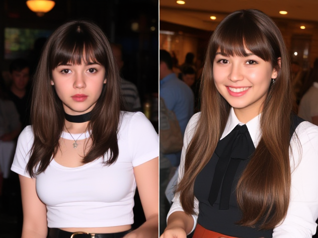 photo of Left panel: teen girl in a goth outfits at a country club, confused expression, Right panel: Same teen girl now in a preppy outfit with long hair with bell-shaped bangs at a country club, smile