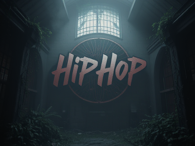 Logo hip hop sombre, style old school, empreinte forte, design rétro avec éléments graphiques du graffiti et du breakdance