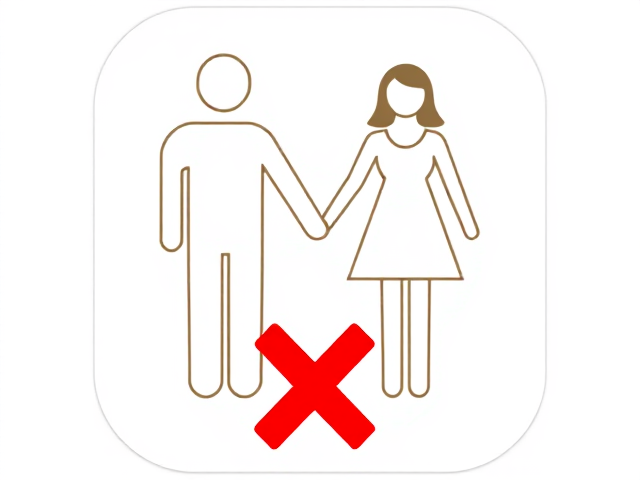 Add an icon depicting a man and a woman holding hands, symbolizing relationships or romantic distractions. The figures should be simple and stylized, with minimal detail, showing only the silhouettes of the man and woman. The man should be on the left, and the woman on the right, each figure outlined in neutral colors. Use a soft color palette with no distinct facial features, keeping the focus on the action of holding hands. Enclose the icon in a white, rounded square background, and place a large red "X" below the icon to indicate that relationships (or romantic distractions) are discouraged for success. The red "X" should be bold, clear, and centrally aligned under the icon.