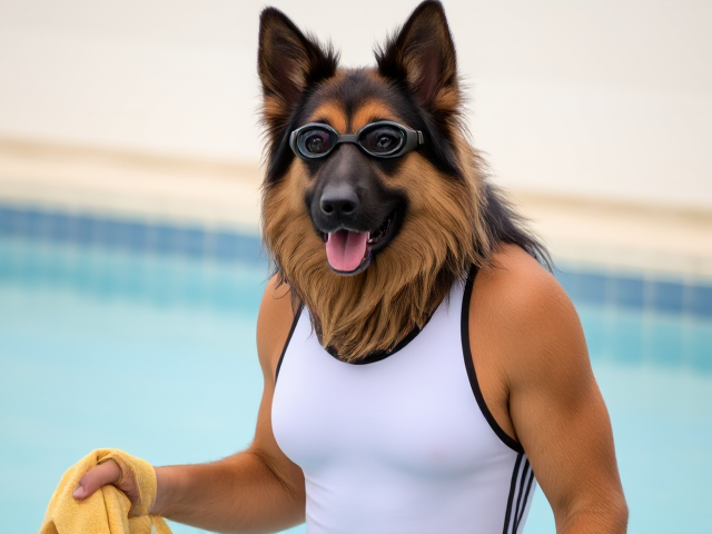 A tall anthropomorphic long haired german shepherd wearing an adidas swimsuit and swimming goggles drying off with a towel