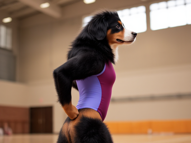 Bernese mountain dog with strong hips, wearing a gymnastics leotard, inside a gymnasium, dynamic pose, vibrant lighting, detailed fur