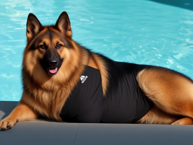 A tall and lean (anthropomorphic) long haired German shepherd with a long torso and broad shoulders wearing a adidas bathing suit while lying next to a swimming pool