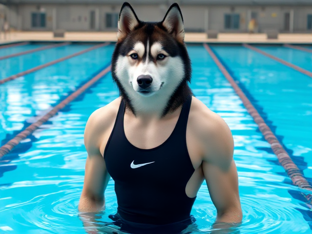 A tall anthropomorphic Siberian husky with a long torso and broad shoulders, wearing a high cut Nike one piece swimsuit, in a Olympic swimming pool