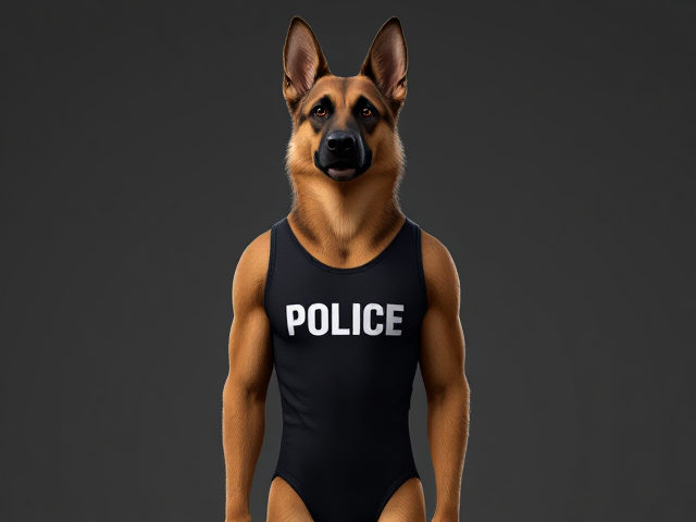 A tall anthropomorphic German shepherd with a long torso and broad shoulders wearing a leotard with “POLICE” written across the front of it