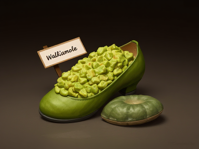 A shoe filled with guacamole.  There is a name tag beside the shoe that says "Walk'amole"