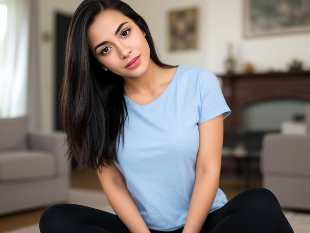 Thin and beautiful Brunette in her 20s with dark hair wearing a light blue t shirt and black leggings sitting in her house