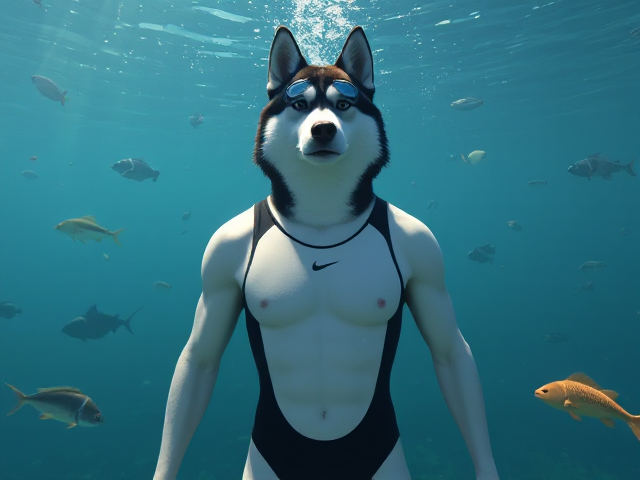 A tall anthropomorphic Siberian husky with a long torso and broad shoulders wearing a high cut Nike one piece swimsuit and Freediving goggles underwater, surrounded by sea life