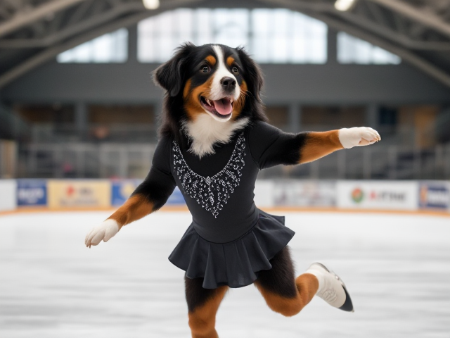 A anthropomorphic Bernese mountain dog ice skating wearing a gymnastics leotard in a ice rink