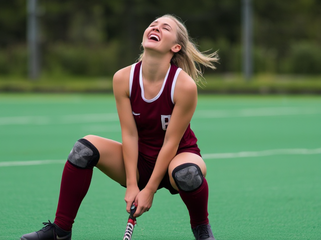 Beautiful middle aged blonde field hockey woman in a burgundy uniform with well defined legs and knee pads, crouching, throwing her head back, and laughing hysterically again and again and again and again