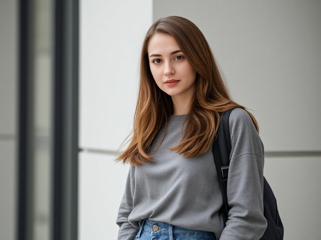 Full body image of a thick-bodied preppy brown-haired college girl with a wide nose