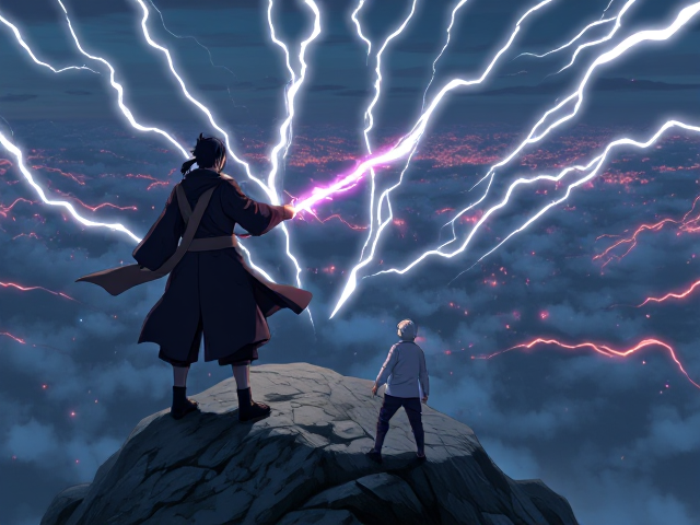 Image of black haired shinobi from world of "Naruto" standing on top of the mountain and throwing lighting bolts at ninja enemies approaching him from all sides.