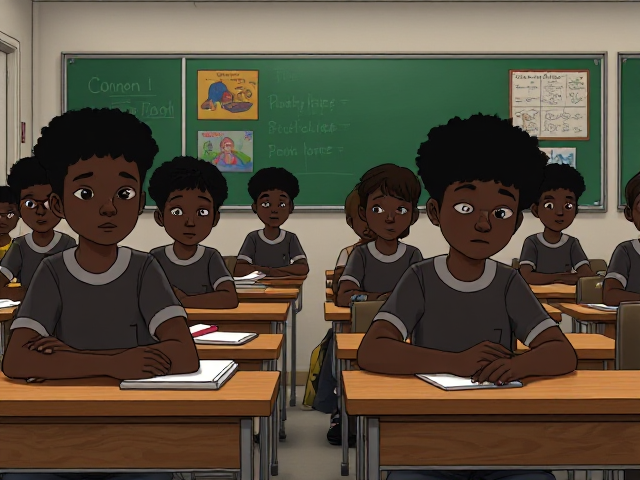 Des élèves noirs de huit ans assis en classe, écoutant attentivement le professeur, avec des cahiers et des crayons sur leurs bureaux