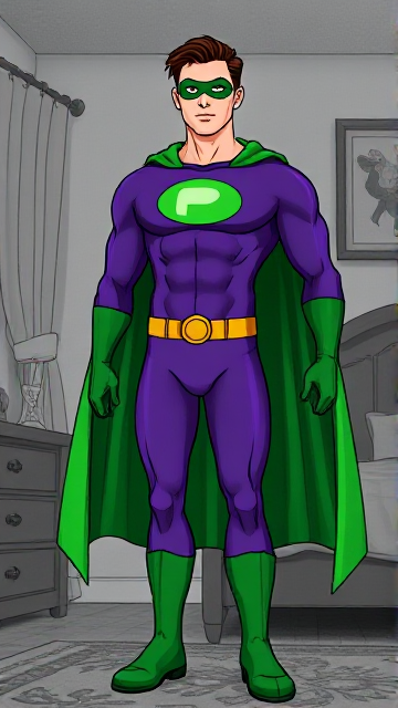 Cartoon scene: A young, Autistic 25-year old boy with light skin and flat, smooth, and slick brown hair named T.J. Granger, but transformed into a genetically-altered superhero named Powerman, who, despite still being a young adult kid, has an extremely muscular body. He wears a sleek purple suit with a green P symbol on his chest, a gold belt with a circular buckle, green briefs, green boots, green long-cuffed gloves, a really big, toe-length long, ultra-wide green cape wreathed around his neck, and a green eye mask that protects his true identity. He also has incredible and invincible superpowers flowing through his veins. In this scene, Powerman is currently standing in his bedroom, taking a moment to truly admire his new appearance and identity.