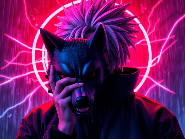 Kakashi Hatake holding a wolf mask close to their face. Neon lighting in shades of red, pink, and blue adds a vivid, cyberpunk aesthetic to the scene. The background features dynamic, abstract patterns and splashes of glowing, energetic lines, enhancing the fierce and mysterious atmosphere. Rain effects add to the dramatic tone, with raindrops cutting through the vibrant lighting.