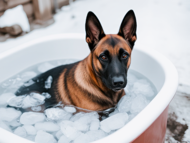 Belgian malinois sitting in a ice bath