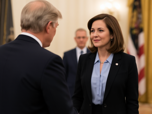 Brunette wearing a light blue blouse and a black suit viewed from the side meeting the president