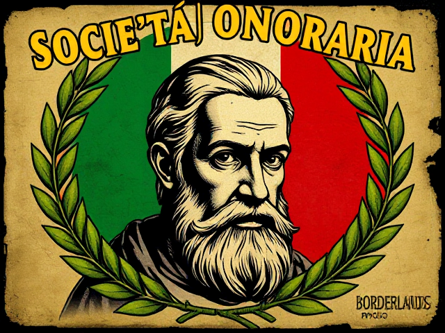 Poster with the text 'Società Onoraria Italica'. Also include the Italian flag, Dante Alighieri, and laurel leaves
