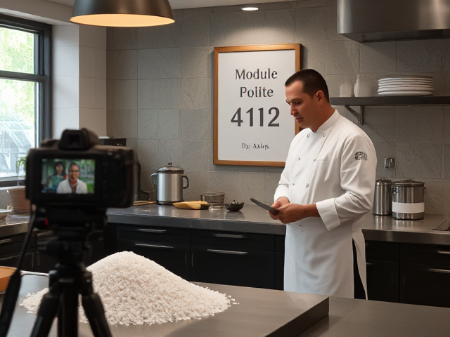 A chef stands in a kitchen in front of a counter.  There is a camera pointed at him.  There is a pile of salt.  The chef is chopping salt and talking to the camera.  A poster says "Module 412"