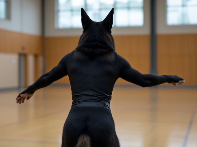 Anthropomorphic black German shepherd, wearing a gymnastics leotard, performing in a gymnasium, dynamic pose