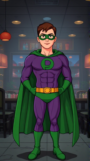 Dramatic Comic Book Cartoon scene: A young, Autistic 25-year old boy with light skin and flat, smooth, and slick brown hair with a singular curled bang in the shape of a P sticking out at the front named T.J. Granger, but transformed into a genetically-altered superhero named Powerman, who, despite still being a young adult kid, has an extremely muscular body. He wears a sleek purple bodysuit with a green P symbol on his chest, a golden belt with a circular buckle, green briefs, green boots, green long-cuffed gloves, a really big, toe-length long, ultra-wide green cape wreathed around his neck, and a green eye mask that protects his true identity. He also has incredible and invincible superpowers flowing through his veins. In this scene, Powerman is currently standing in a dark, abandoned restaurant at night by himself, intently awaiting the arrival of someone he knows.