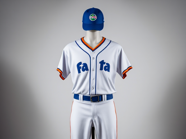 A blue baseball hat with fanta soda logo with a white v neck athletic shirt with fanta soda logo with white baseball pants with blue and orange piping down the sides with orange socks blue baseball cleats displayed on a mannequin