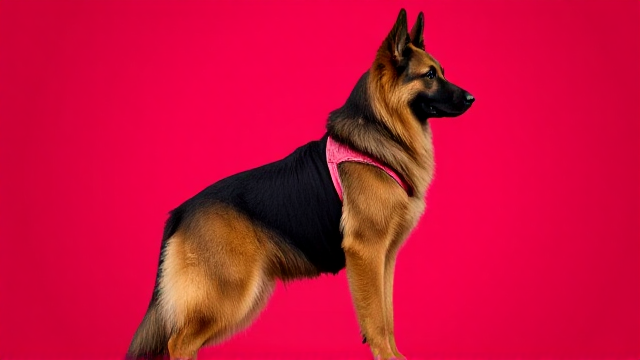 Long-haired German Shepherd wearing a gymnastics leotard, standing tall, detailed and vibrant background