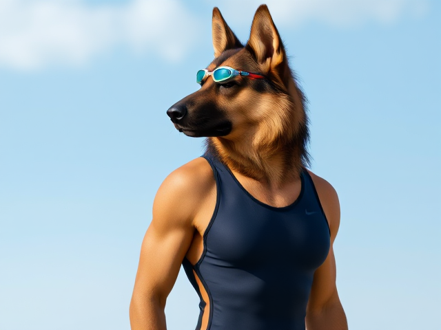 A tall and lean anthropomorphic long haired German shepherd with a long torso and broad shoulders wearing a high cut Nike one piece swimsuit and swimming goggles