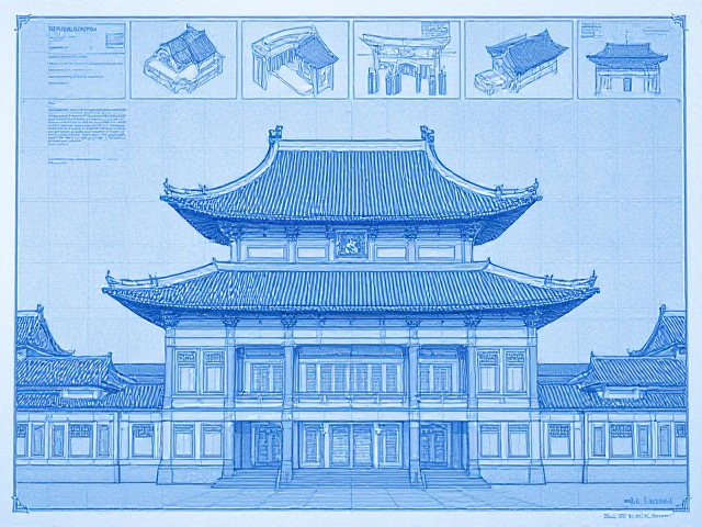 A highly contrasted blueprint of a large Chinese temple, with a front view and top details. The drawing is split in half to reveal the interior, with additional detailed sketches shown above. In blue and white.”