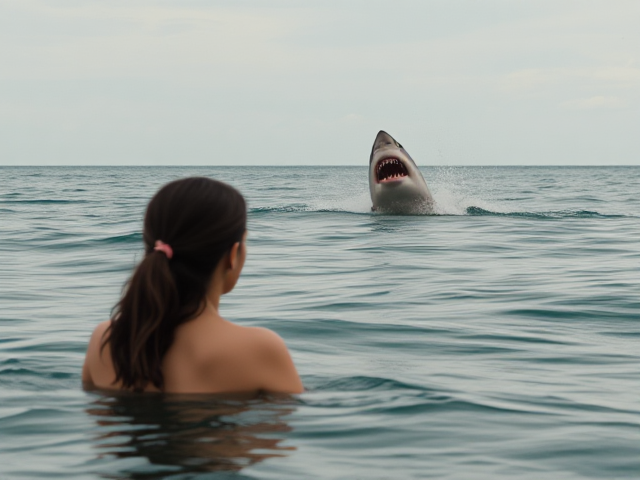Woman in the ocean looking in the distance while a shark jumps