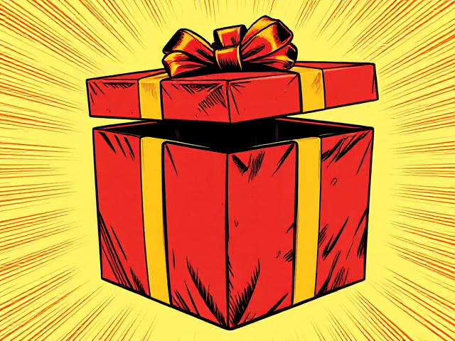 Christmas gift in red wrapping with the top lifted off.