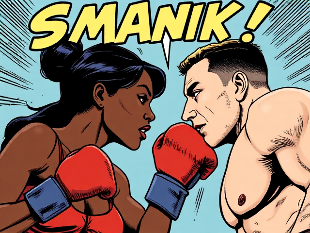 A comic book image of a black female boxer connecting with a straight man to a white male boxer’s nose. The word: “SMACK!” Written above