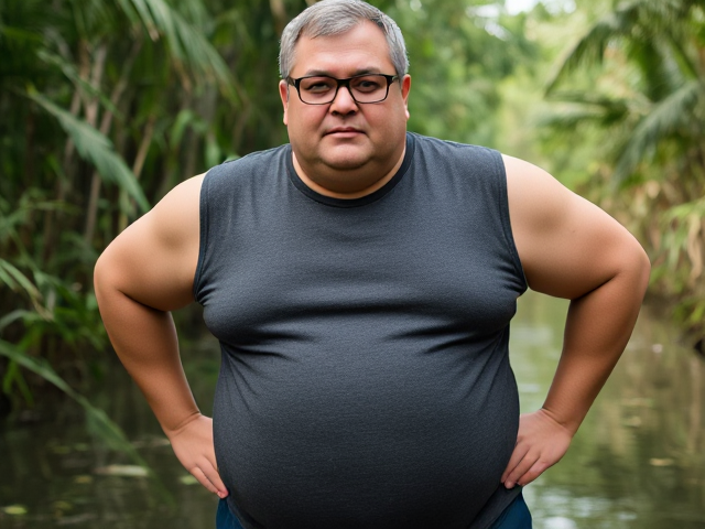 The man appears to be middle-aged with a light skin tone and a fuller, stocky build. He has broad shoulders and a sturdy upper body, with a slightly rounded midsection and a prominent belly. The fabric of his charcoal-gray sleeveless shirt fits snugly over his torso, subtly outlining the shape of his abdomen, including a faint impression of his belly button. His arms are full and solid, complementing his robust frame.
His facial features include short, neatly combed gray hair with hints of white, which adds to his mature appearance. He wears rectangular glasses with dark, sturdy frames that sit comfortably on his face, giving him a composed and neutral expression. His face is relaxed and passive, with no strong emotion conveyed. His overall posture is natural and at ease, with his shoulders slightly back, displaying a quiet confidence and comfort in his physique. The simplicity of his appearance, combined with his fuller body type and passive demeanor, gives him an approachable and grounded presence. The man is in a jungle swamp carrying an old man on his back