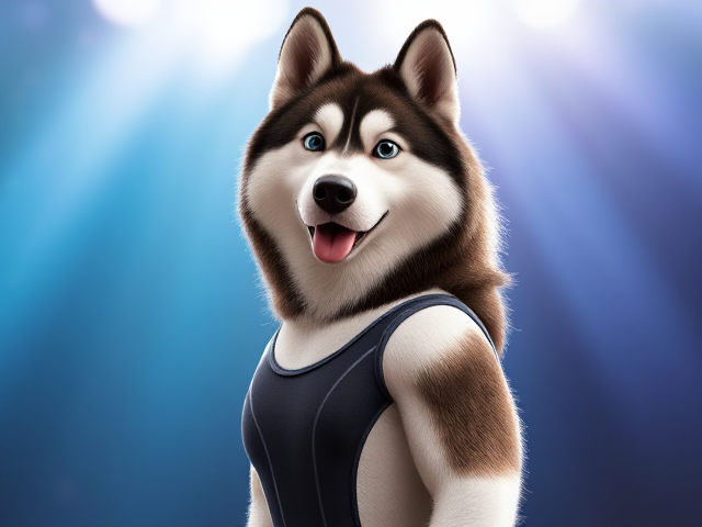 A Alaskan malamute Olympic gymnast with broad shoulders wearing a leotard
