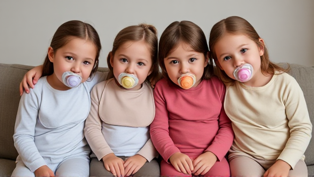 Quatre filles adolescentes  assis dans un canapé avec des tee-shirt manche longue avec des grands bavoir simple de différentes couleurs et des tétine en bouche elles ont les cheveux lisses et dégage à l’avant et elles ont des tétines en bouche et elles se font un gros câlins